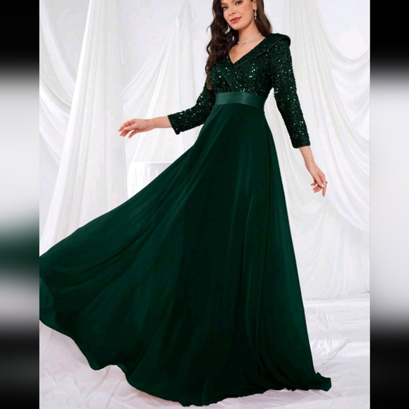 3/4 Sleeve Sequins Patchwork Flared Formal Dress, Elegant Semi Formal Prom Dress - Picture 3 of 4